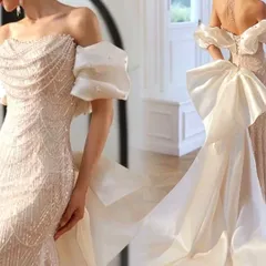 パールにビジューがゴージャスなバックリボンのオフショルドレス