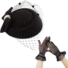 Sweet+ トーク帽 カクテルハット ヘッドドレス パール リボン レース付き パーティー 結婚式 アクセサリー 手袋 セット 黒 A( 黒 A,  Free Size)