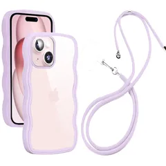 iPhone 15 ケース クリア ショルダー 全面保護 人気 かわいい iPhone15 カバー 透明 アイフォン 15 スマホケース 薄型 軽量 首かけ 肩掛け 縄掛けケース ストラップ付き 長さ調整可能 落下防止 Qi ワイヤレス充電対応（パープル） 1