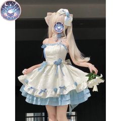 星【新品未使用】ロリータワンピース 花語リボンドレス  ゴシック風ジャンパースカート  お嬢様コーデ 痛かわいい 推し活コスプレに最適 ブルー＆レッド2色展開
