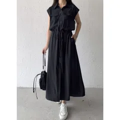 ☆ ブラック ☆ M ☆ ワンピース レディース ノースリーブ きれいめ onp023 ワンピース 夏 レディース シャツワンピース ロングワンピース ノースリーブ ワンピ マキシ マキシワンピース シャツ ブラウス ウエストリボン お出かけ リゾート