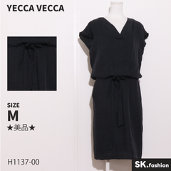 ★美品★ YECCA VECCA イェッカヴェッカ ワンピース　ミディ丈　フレンチスリーブ　無地　Vネック　ウエスト調節可能　裏地付き 　ネイビー　 【H1137-00】 送料無料　古着　レディース