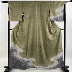 付下げ 身丈159cm 裄丈67cm M 袷 落款 霞 幾何学模様 絞り 茶緑色 正絹 秀品 【中古】