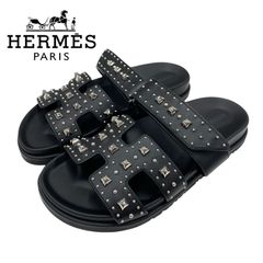 エルメス HERMES シプレ サンダル 靴 シューズ レザー ブラック 黒 シルバー 未使用 フラットサンダル ミュール スタッズ