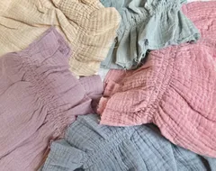 ダブルガーゼ　綿100 ルームウェア　フェス　XL L M S コットン　100% ボヘミアン　オフショルダー　トップス　水色　ピンク　フリル　パフスリーブ　ショート丈　4 U SPACE ナチュラル　可愛い　リラックス　ウェア　ダスティカラー　緑　ベージュ