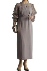 [MORE AUNI] パーティー ドレス シフォン ポエット スリーブ ロング ワンピース ドレス お呼ばれ 結婚式 2次会 サマー ウィンター スプリング オータム 大きいサイズ ボディコン ニット 切り替え フレア  [モカ / 300068] [2L]