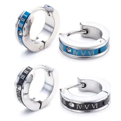 【在庫処分】ピアス [Puente] メンズ リング フープピアス ローマ数字 セット 両耳 両耳セット ステンレス リングピアス フープ メンズピアス ステンレスピアス レディース 18G 黒 青 ブルー ブラック シルバー (ブルー_ブラック各2個セット)
