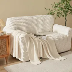 3人掛け_クレーム Topfinel ソファーカバー 3人掛け 肘付き クレーム 無地 北欧 滑り止め ストレッチ フィットタイプ 防塵 伸縮素材伸び良く 汚れ 洗える 柔らかい 四季適用