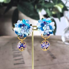 ❁爽やかブルー＆とんぼ玉和風イヤリング・大人かわいいつまみ細工アクセサリー❁和装浴衣着物アイテムクリップ式シリコンカバー付き