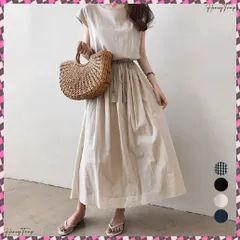 送料無料 リネン風ワンピース レディース 春夏半袖 フレンチスリーブ チェック柄 ロングワンピース ハイウエスト Aラインワンピース クルーネック 体型カバー 綿麻風ワンピ 韓国ファッション夏 リゾートワンピース きれいめワンピース