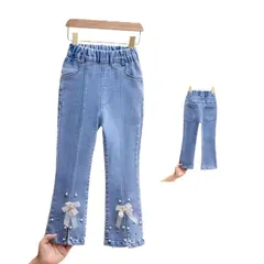 デニムパンツ キッズ 春秋 ロングパンツ カジュアルパンツ リボンパンツ ウエストゴム スリット入り ゆったり デニム ロング丈 おしゃれパンツ ボトムス 送料無料 おでかけ 子供服#ljt1898