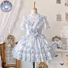 新品 未使用 2026新作 ロリータ ワンピース セットアップ ミニ丈 フリル ドレス 甘ロリ クラシカル ゴスロリ 姫系 テールスカート ブルー ホワイト 打歌服 蝶結び トレーン付き 公演衣装 ステージ衣装 韓国風 レディース 春夏セットアップワンピース