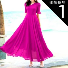 種類1：ローズレッド/M ワンピース シフォンドレス フレアワンピース ロング丈 袖あり 5分袖 トランペットスリーブ Vネック Aライン ハイウエスト かわいい 大人可愛い きれいめ シンプル 上品 おしゃれ レトロ  キュート とろみ感 エレガンス 無地 