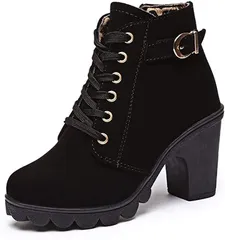 Coco&Mary(ココマリ) 厚底 ショート ブーツ レディース チャンキー ヒール 靴 レースアップ ブーティー 編み上げ ショートブーツ 23.0～23.5cm(ブラック,  23.0～23.5 cm)