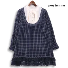 axes femme アクシーズファム 秋冬★ リボン フリル レース 長袖 チェック チュニック ワンピース Sz.M レディース ネイビー