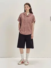 セカンド・モノログ オーバーサイズ チェック フード ハーフ シャツ M