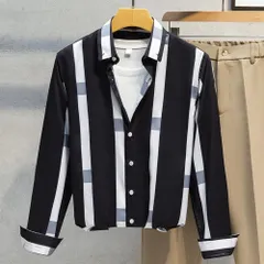 ☆ ブラック×ホワイト ☆ 4XLサイズ ☆ カジュアルシャツ カジュアルシャツ 長袖 メンズ シャツ 長袖シャツ メンズシャツ ストライプシャツ ボタンダウンシャツ 前開き ボタン カジュアル ストライプ柄 男性 紳士 大人 紳士服 春服 秋服