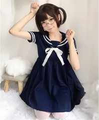 【売り切りセール】ロリータ セーラー風  セーラー服 学園 制服 ワンピース ネイビー コスプレ コスチューム 衣装