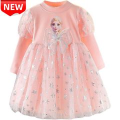 ✨新品✨アナと雪の女王 エルサ 子供ドレス 長袖 チュールワンピース プリンセスドレス ピンク 100 110 120 130 140 女の子 リボン付き 発表会 誕生日 七五三お祝い ディズニー風 キッズ 雪の結晶 コスプレ 可愛い