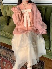 ニットセーター ピンク トップス 長袖 オーバーサイズ ニット セーター リボン付き トップス 春 秋 冬 ゆるニット カジュアル 無地 ゆったり カットソー おしゃれ 可愛い 韓国ファッション フェミニン ぽわん袖 db262s1