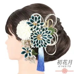 髪飾り 成人式 つまみ細工 剣つまみ 水引 メタルメッシュ パールビーズ 房 ゴールド 振袖 袴 花 葉 青 水色 青緑 ピンクゴール No.9-5548