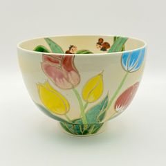 【新品】茶碗 色絵 チューリップ(てんとう虫)　加藤永山　紙箱入　茶道具　茶盌　茶器