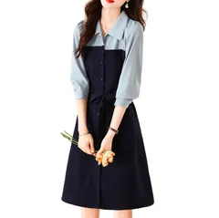 [ビーエヌワン セレクト] ワンピース レトロ アシンメトリー 切り替えワンピース 膝下 丈 長袖 春 秋 レディース XL