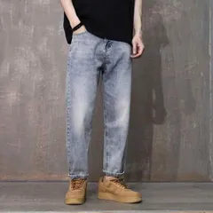 メンズ ファッション 服  オシャレ シンプル 大 かっこいい 大きいサイズ ストリート 紳士服 夏 九分丈 パンツ ストレート レッグ コットン ジーンズ ライト ブルー ウォッシュ カジュアル デニム 