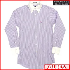 BURBERRY BLACK LABEL 廃盤 バーバリーブラックレーベル クレリックシャツ M メンズ 38 長袖 ボタンダウン ストライプ 刺繍 紫 パープル 日本製 シャツ ボタンシャツサイズM一覧←SEULB屋着古← TY3871