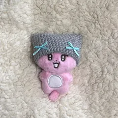 10cmぬいぐるみ　ネコ耳帽子　ニット帽　グレー×ブルーリボン　ぬい服　ハンドメイド