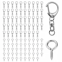 【迅速発送】RISOUHEキーホルダー金具 キーホルダーパーツ 100部品個入り キーリングアクセサリー ネジヒートン DIY 手芸用品 手作りキーホルダーパーツ パーツ ゴールドシルバー 回転カン 丸カン付き シルバー (100)