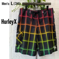 34・L■美品■サーフ パンツ■HurleyX  ハーレー■ブラック・カラーチェック