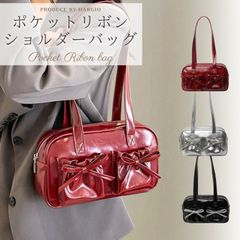 ショルダーバッグ 横長 バッグ リボン レディース ボストンバッグ ミニボストン 小さめ トートバッグ 横長バッグ 肩掛け リボンバッグ バレエコア トレンド おしゃれ 可愛い シルバー ブラック レッド