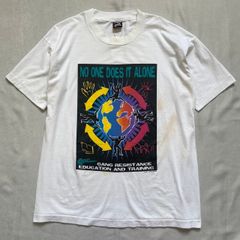 90s USA製 FRUIT OF THE LOOM フルーツオブザルーム NO ONE DOES IT ALONE 地球 アート シングルステッチ Tシャツ No.F002