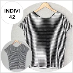 【美品♪】INDIVI　ボーダー柄フレンチスリーブカットソー XL(LL) 半袖　ブラウス B409