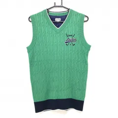 【美品】アディダス ニットベスト グリーン×ネイビー ケーブル編み Vネック ウール混 メンズ L/G ゴルフウェア adidas