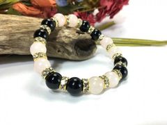 ローズクォーツ&オニキス パワーストーン ブレスレット 天然石 10mm （ゴールド）メンズ・レディース　男性・女性　数珠ブレス　開運 [17]