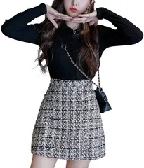 ツイード スカート ミニスカート Aライン 台形 ペンシル チェック柄 韓国 ファッション ハイウエスト 2カラー SKIRT ミニ 丈 タイト ひざ丈 膝丈 カジュアル シンプル 厚手 無地 秋 冬 美脚 足長 効 [ブラウン XL] [Free Size]