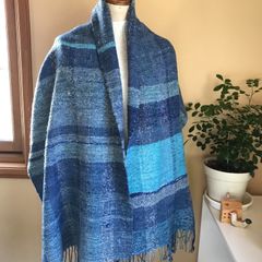 手織り★大判ストール★ハンドメイド☆ブルー系M