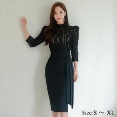 【グラシア】キャバドレス ミディアムドレス ワンピース キャバ嬢 キャバクラ ラウンジ 七分袖 ギャザー ハイネック リボン ドレープ レース 切り替え 膝丈 レディース