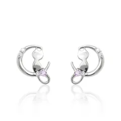 2月 誕生石 アメジスト K10 ホワイトゴールド の 月と猫 モチーフ ピアス 美輪宝石 ※製作納期約４週間