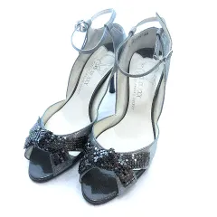 セヴントゥエルヴサーティ SEVEN TWELVE THIRTY ストラップサンダル ハイヒール ピンヒール リボン ラメ レザー 35.5 グレー /AU