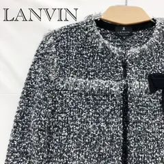 LANVIN ランバン ノーカラー ニット ジャケット 40 ブラック ホワイト グレー フリンジ ツイード リボンブローチ付 レディース