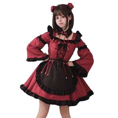 【人気商品】仮装 レッド コスプレ 赤 チャイナドレス ワンピース ハロウィン ロリータ 長袖 喫茶店 日常 舞台衣装 萌え 胸空き レディース 蝶結ぶ メイド服 衣装 かわいい 大人用 [RPFLQ] ニーハイソックス付き 5点セット