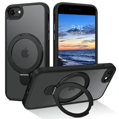 DUEDUE iPhone SE ケース 第2世代 第3世代 MagSafe対応 iPhone8/7 ケース マグネット搭載 リングスタンド機能 120°開閉可能 ブラック 半透明デザイン 指紋防止 耐衝撃 一体型 薄型 TPUケース 車載ホルダー対応 ワ 1