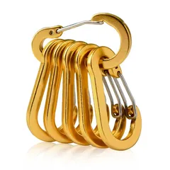 カラビナ6本セット 登山やキャンプで活躍 軽量アルマイト処理カラビナ6本セット 水筒や鍵の吊り下げに 赤 黒 金の3色展開