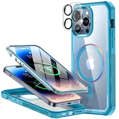 【Magsafe用 リング内蔵】WEIYUN iPhone14 Pro Max 用 ケース「両面ガラス・MagSafe対応」透明強化ガラス 「360度全面保護+マグネット内蔵 」 ２点セット「レンズ保護フイルムを贈り」滑り止め 電波影響なし 耐衝撃性 米軍 1