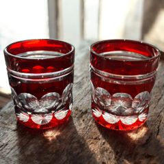 江戸切子 2客セット オールドグラス 赤被せ 工芸品 昭和レトロ 美品 切子グラス ミニサイズ インテリア
