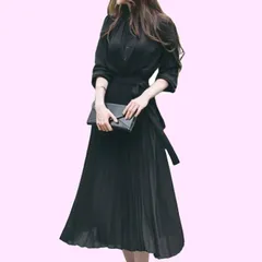 Size:XL_Color:ブラック [pangenee] きれいめ 長袖 マキシ丈 ワンピース エレガント プリーツスカート ロングワンピ ラウンドネック フレアスカート ドレスワンピース 上品 細見え 春 夏 秋 (XL, ブラック)