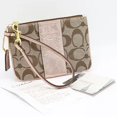 新品同様 コーチ ポーチ リストレット シグネチャー ブラウン×シルバーピンク STU